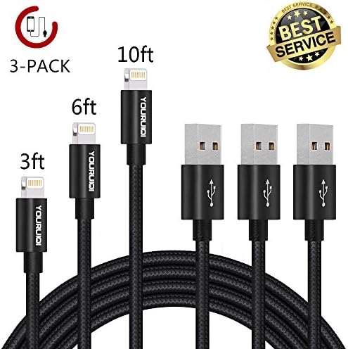 iPhone Charger,Youruiqi Lightning Cable,3Pack 3ft 6ft 10ft Nylon Braided Charging Cable Cord 8-Pin Lightning to USB Cable Charger for iPhone 7/7 Plus/6/6s/6 Plus/6s Plus/5/5s/5c/SE (3Pcs Black)