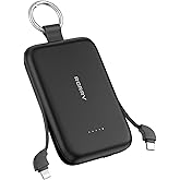 RORRY Portable Charger, 10000mAh PD 30W Fast Charging Portable Charger Power Bank with Built-in Cables, Travel Keychain Charger Battery Pack for iPhone 17/16/15/14/13/12, for AirPods 2/3/4/Pro, Black