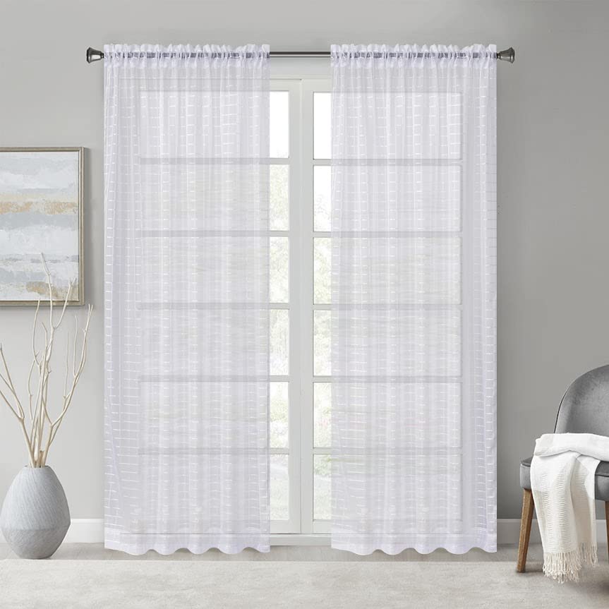 Megachest a pair of sheer IVY checkered pattern voile curtain with tie backs (White,W 56" x L 84" (2 Panels))