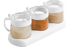 NAN WIND Glass Condiment Spice Jars,12oz/350 ml Condiment Jar Spice Container with Lids and Spoons and Tray,Clear Glass Condiment Canisters,3Pack Seasoning Box Bowl Set for Sugar Pepper,for Kitchen,Counter