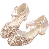 GOJERP Little Kids Girls Dress Pumps Glitter Sequins Princess Low Heels Mary Jane Party Dance Shoes Rhinestone Sandals