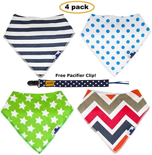 TLC Bambini Bandana Bibs Set, 4 Pack Premium Quality Organic Cotton Bibs, FREE Pacifier Clip, Perfect for Baby Showers, Layette and Other Occasions, Keeps Baby and Clothes Dry and Drool Free