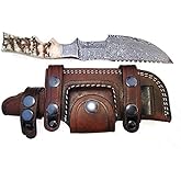Ottoza Tracker Knife with Horizontal Carry Leather Sheath and Ram Horn Handle – Damascus Fixed Blade Hunting Knife for Survival and Outdoor Use 262