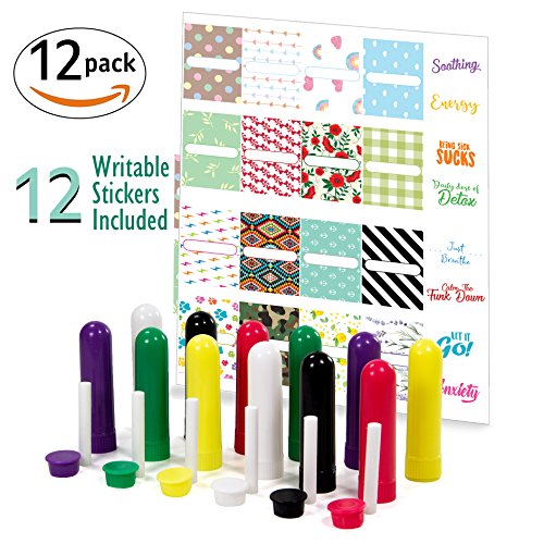 Aromatherapy Essential Oil Empty Blank Nasal Inhaler Tubes, Sinus & Lung Relief, Complete DIY Set Colored Plastic Tube + Cotton Wicks + 12 Writable Labels (12 pack)
