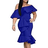 GOBLES Women's Elegant Off The Sholder Back Zipper Ruffles Bodycon Midi Cocktail Dress