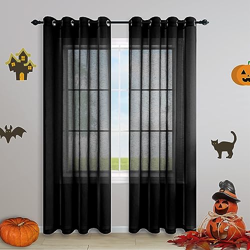 Black Curtains 96 Inches Long for Living Room Pack 2 Panels Grommet Window Drapes Linen Burlap Look Semi Sheer Privacy Floor Length Curtain for Dining Room Family Master Guest Bedroom Boho Decor 52x96