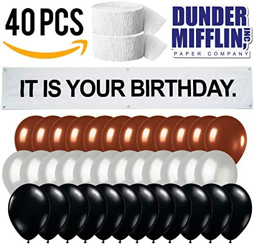 It is Your Birthday. Banner | 40 PC Set | The Office Birthday Decorations | Dwight Schrute Birthday Set | Banner + Brown, Black, Silver Balloons + White Crepe Streamers, Dunder Mifflin Sticker