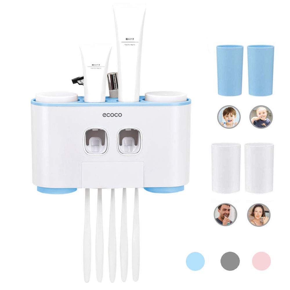 MHTECH Toothbrush Holder, Toothpaste Dispenser, Bathroom Organizer with 5 Slots, 2 Squeezers, 4 Cups (Blue) — image 1