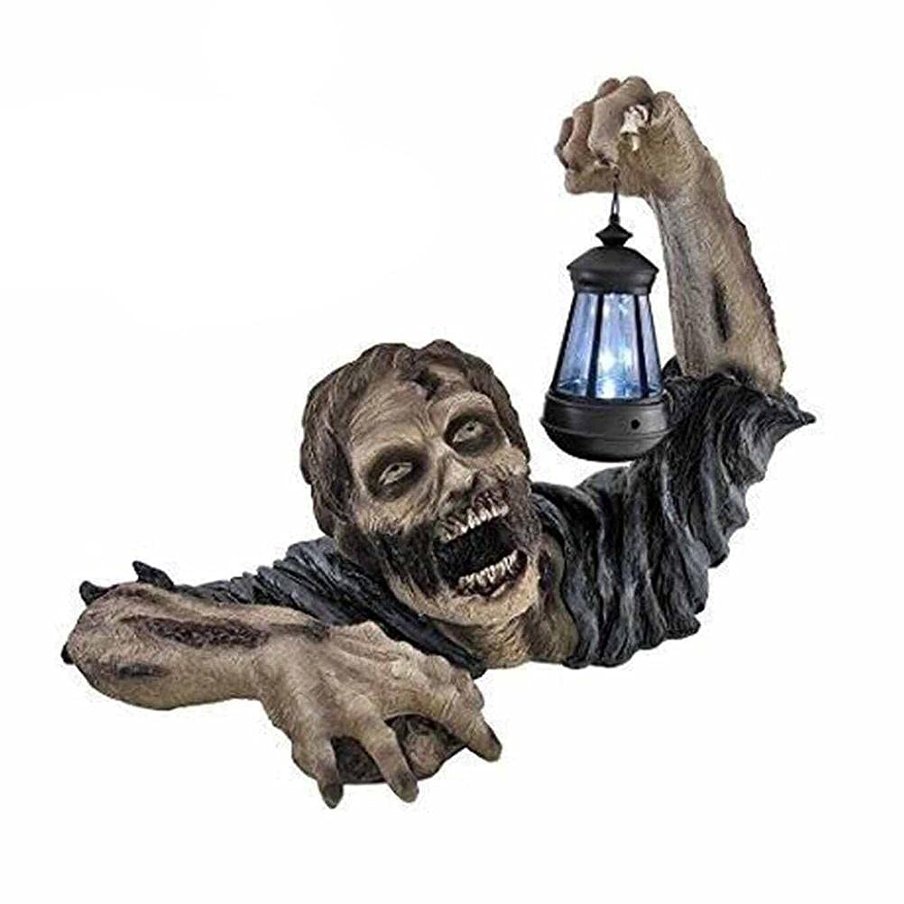 Halloween Zombie Statue With LED Lantern, Lighting Garden Decoration, Gnome Crawling Out of the Grave, Outdoor Decor