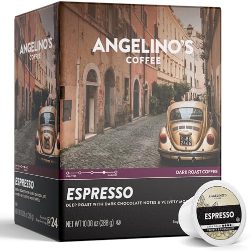 Angelino's Coffee Espresso Pods Made for Keurig Machines - 24 Count, Dark Roast Coffee for Keurig K-Cup Brewers, Cafe Style, Best Strong Espresso Coffee Pods (24 Count, Espresso)