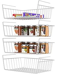 Under Shelf Basket, Veckle 4 Pack Under Shelf Wire Baskets Hanging Baskets Under Shelves Storage Rack for Kitchen Bookshelf Pantry Slide-in Baskets Organizer White