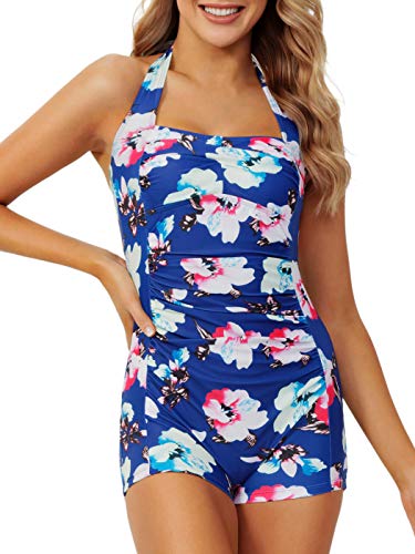 Women\'s Vintage Dot One Piece Tummy Control Swimwear Push Up Boyleg Ruched Swimsuit