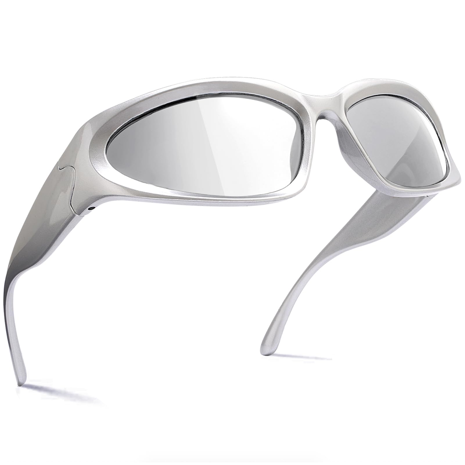 Photo 1 of knliwkm Y2K Wrap Around Sunglasses Fashion Rave Metallic Chrome Space Alien Glasses Futuristic Shades Sports for Women Men