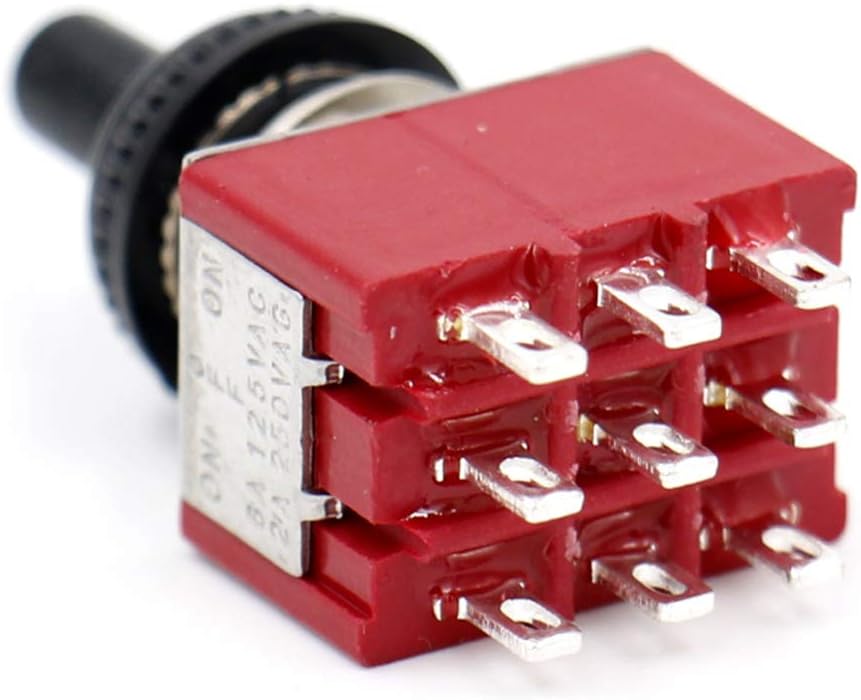 Heschen Miniature Toggle Switch MTS-303 ON-OFF-ON 3PDT 9 Pin, 2A 250V, 5A 125V, with Waterproof Cover, Pack of 2 - Image 4