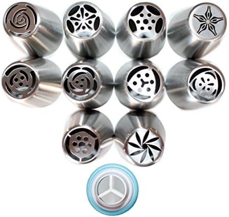 Russian Nozzle Piping Icing Tips 10 Tips + Tri Coupler. Top Quality Stainless Steel Large Tips - By Torenox