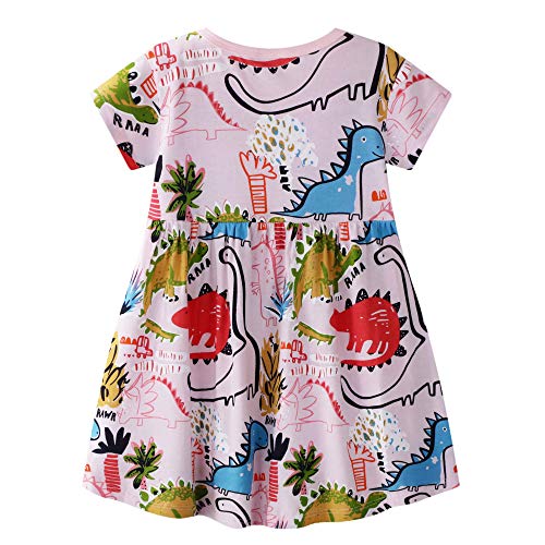 BIBNice Little Girls Casual Dress Toddler Summer Short Sleeve Dresses Printed Dinosuar 6-7Y