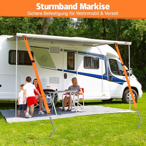 Storm Strap for Awning & Awning - 5 cm Wide Webbing, 38 cm Ground Anchor, Storm Protection Awning, Storm Bands for Awnings, Guy Straps Awning Motorhome, Guy Ropes Camping with S-Hooks and T-Connectors