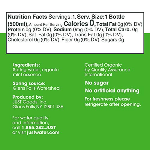 JUST Water Infused | Spring Water Flavored with Organic Essences | Eco-Friendly Boxed Bottled Water | Zero Sugar, Artificial Flavors, or Sweeteners, Alkaline pH of 8.0 | Mint, 16.9 oz (Pack of 12)