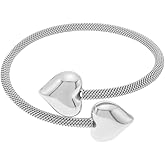 Kokoma Double Heart Bangle Bracelet for Women Stainless Steel Thick Love Hearts Chunky Wrap Cuff Bangles Minimalist Open Mesh Bracelets Fashion Hand Jewelry