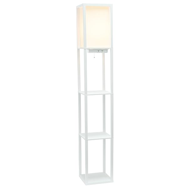 SIMPLE DESIGNS LF1037-WHT-CCLB 62.5″ THREE SHELF ETAGERE ORGANIZER STORAGE FLOOR LAMP WITH 2 DUAL USB PORTS AND CHARGING OUTLET, WHITE, WITH COLOR CHANGING LED BULB INCLUDED