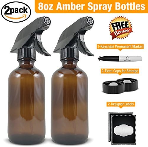 Empty Amber Glass Spray Bottle-Medium 8 oz Refillable Container for Essential Oils, Cleaning Products, or Aromatherapy-Black Trigger Sprayer w/ Mist and Stream Settings-2 PackBonus Free Extras