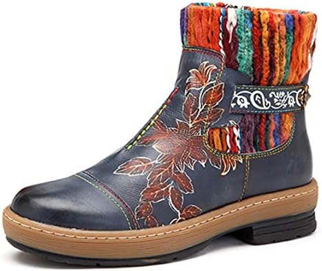 Seraph Women Bohemian Ankle Boots Genuine Leather Knitted Boot Tube Zipper Autumn Flat Boots