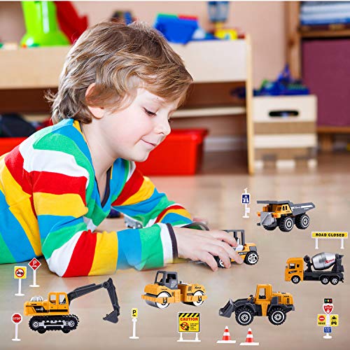 Jellydog Toy Construction Vehicles Toys ,16 Set Mini Construction Trucks,Cranes, Excavators, Bulldozers, Rollers, Cranes, Loaders, Dump Trucks with 10 Traffic Sign ,Road for Kids