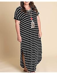 Yskkt - Vestido largo de verano con mangas cortas y cuello en V, con bolsillos, a rayas, para mujer