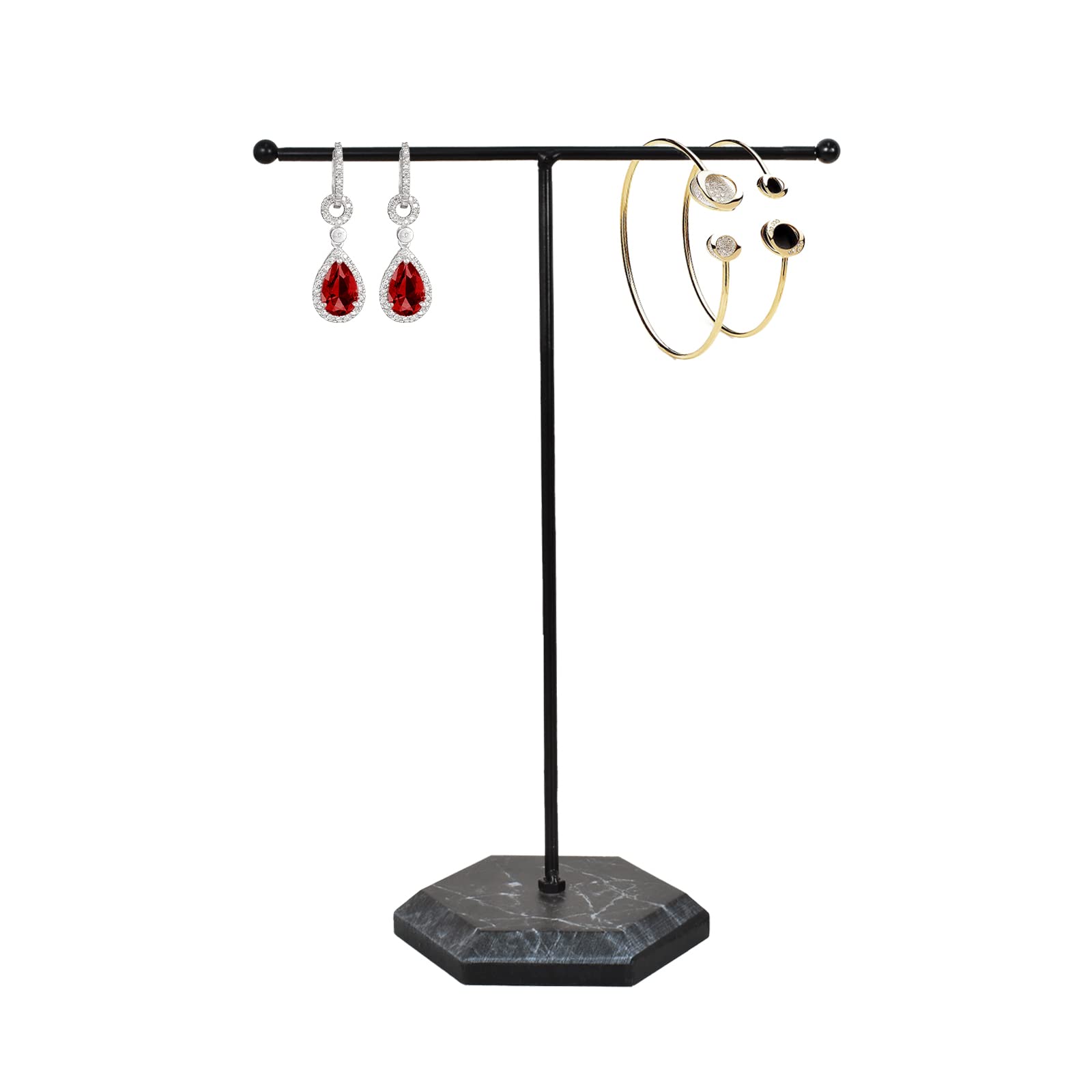 Naapesi Jewellery Organiser Stand, T-Bar Necklace Display Stand Earrings Holder, Metal Hanging Pendant Rack with Marble Pattern Tray, Jewelry Display Stand for Bracelets Rings Keys Watches (Black)