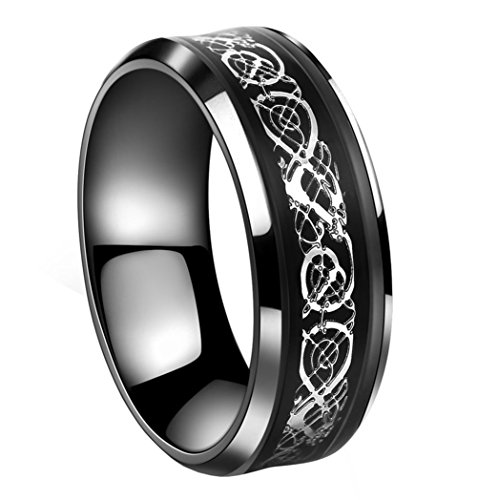 Tanyoyo 8mm Black Stainless Steel Ring Celtic Dragon Silver Wedding Band Size 7-14 (7)