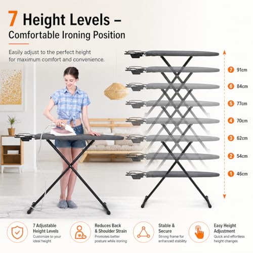 Toshionics Ironing Board with Adjustable Height - Heat Resistant Cover Iron Board with Stean Iron Stand - Non-Slip legs 7 Height Adjustable Options 90cm - Grey