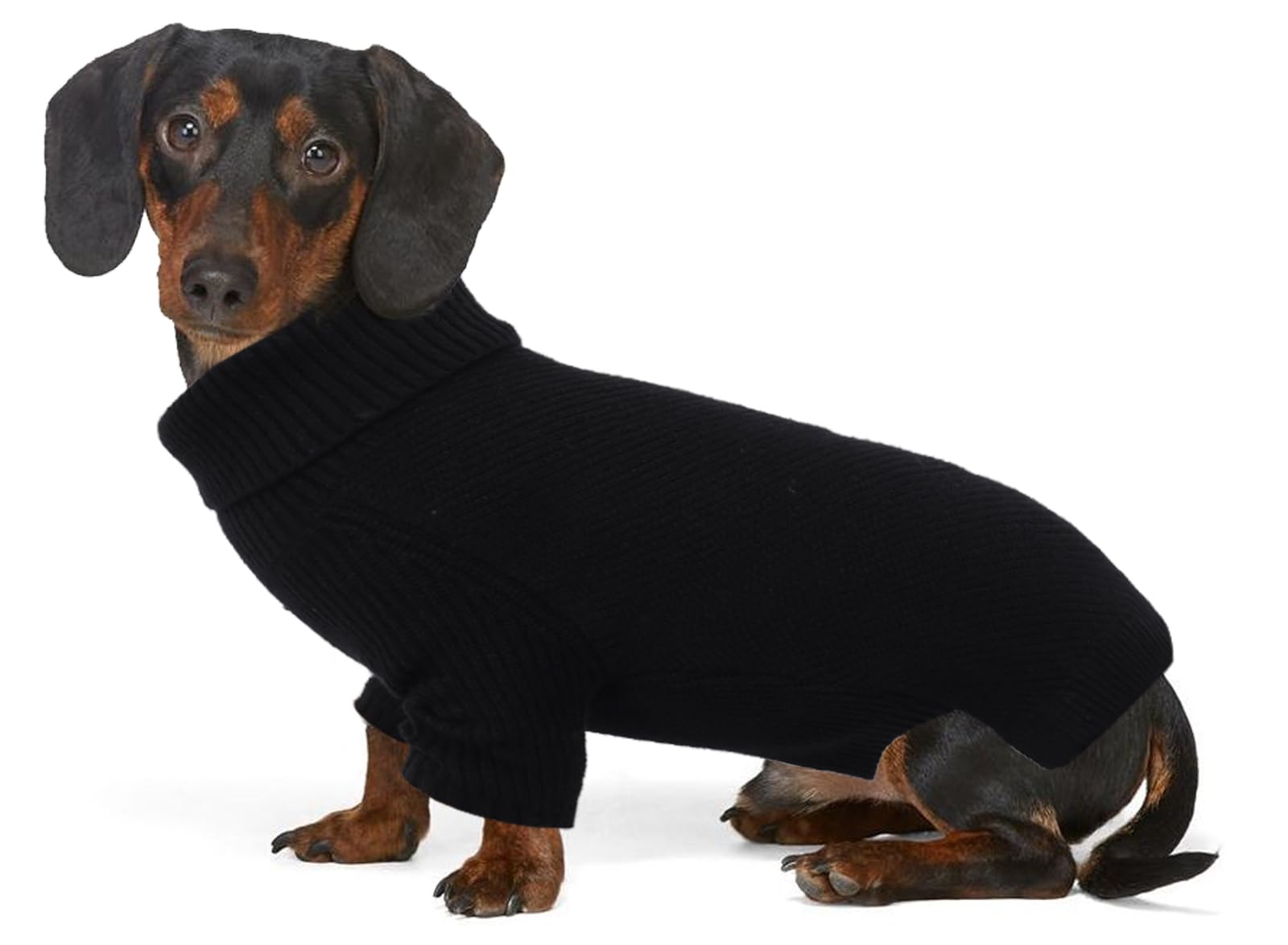 Geyecete Dachshund Turtleneck Sweater - Cold Weather Cable Knitwear Pullover, Winter Clothes for Small Dogs - Black - M