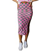 Chvity Plaid Skirts for Women Fashion Casual High Waisted Side Slit Classic Checkered Print Stretch Skirts Rose Red Pencil Skirts