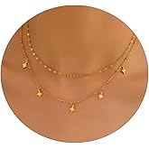 BIQVIND Layered Necklace for Women 18K Gold Plated,Double Layer CZ Star Sun Heart Charms,Lip Chain Minimalist Jewelry,Adjustable 14-16 Inch Everyday Boho