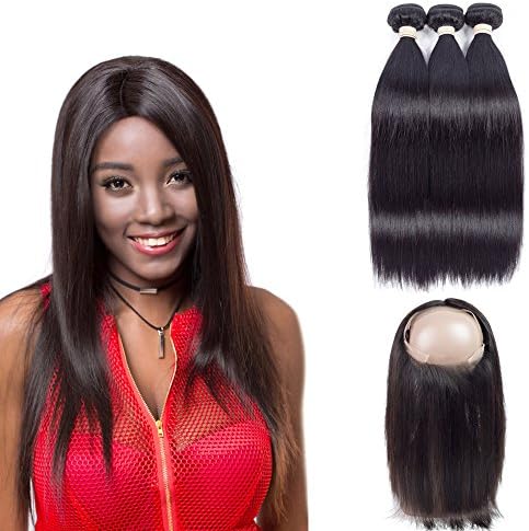 RED QUEEN 360 Lace Frontal Closure With Bundles 8A Brazilian Straight Virgin Hair With Closure 3 Bundles Human Hair With 360 Lace Frontal Closure Brazilian Virgin Hair 20 22 24 + 16 inch