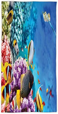 31.49" W x 62.99" L Cotton Microfiber Bath/Hand Towel,Ocean,Clear Underwater Corals and Tropical Fishes and Stingray Starfish Egyptian Sea Image,Multicolor,Ultra Soft,For Hotel Spa Beach Pool Bath