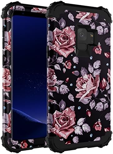 OBBCase Galaxy S9 Case,Galaxy S9 Floral Case,3 in 1 Heavy Duty Hybrid Silicone + Hard PC Sturdy Cover High Impact Resistant Protective Case for Samsung Galaxy S9 Rose Flower Black