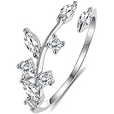 Gem Leaf Marquise Cut Moissanite Round Cubic Zirconia Cuff Open Ring for Women Wedding Engagement Anniversary Ring CZ 925 Plated Silver Promise Cocktail Rings Adjustable Size