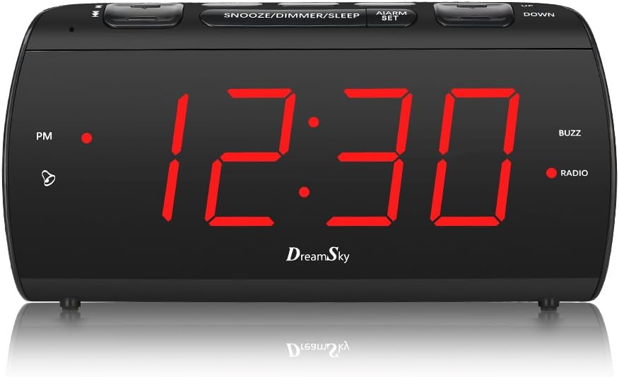 DreamSky Digital Alarm Clock Radio with USB Charging Port and FM Radios, Earphone Jack, Large 1.8 Inch LED Display with Dimmer, Snooze, Sleep Timer, Plug in Clock for Bedroom.