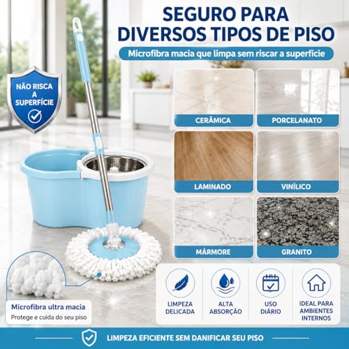 Mop Giratório com Balde e Centrífuga 360 com Cesto em Inox, 8 Litros, Sistema Lava e Seca, Eficiência e Durabilidade na Limpeza Diária de Todos os Tipos de Piso Para sua Casa