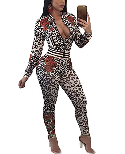 Vamvie Womens Sexy 2 Piece Outfits Floral Print Jacket Suit Bodycon Pants Set Jumpsuits Black L