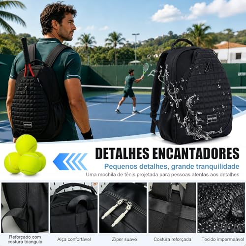 Mochila Academia Impermeável Grande para Tênis, Bolsa Esportiva com Compartimento para Sapatos, Ideal para Viagem, Pickleball, Badminton, Fitness e Uso Diário