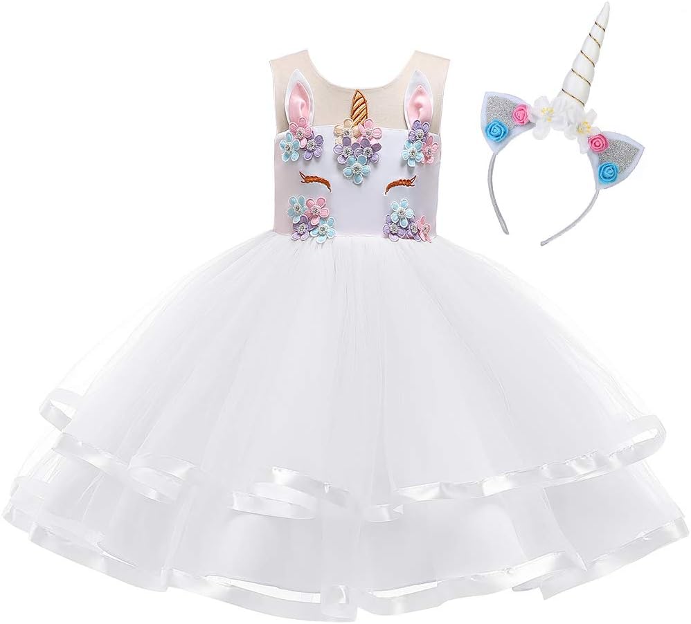 OBEEII Girls Unicorn Dress Sleeveless Princess Flowers Tulle Rainbow Tutu Skirt Carnival Costume Cosplay Party Fancy Dress Up Photography Props Outfit