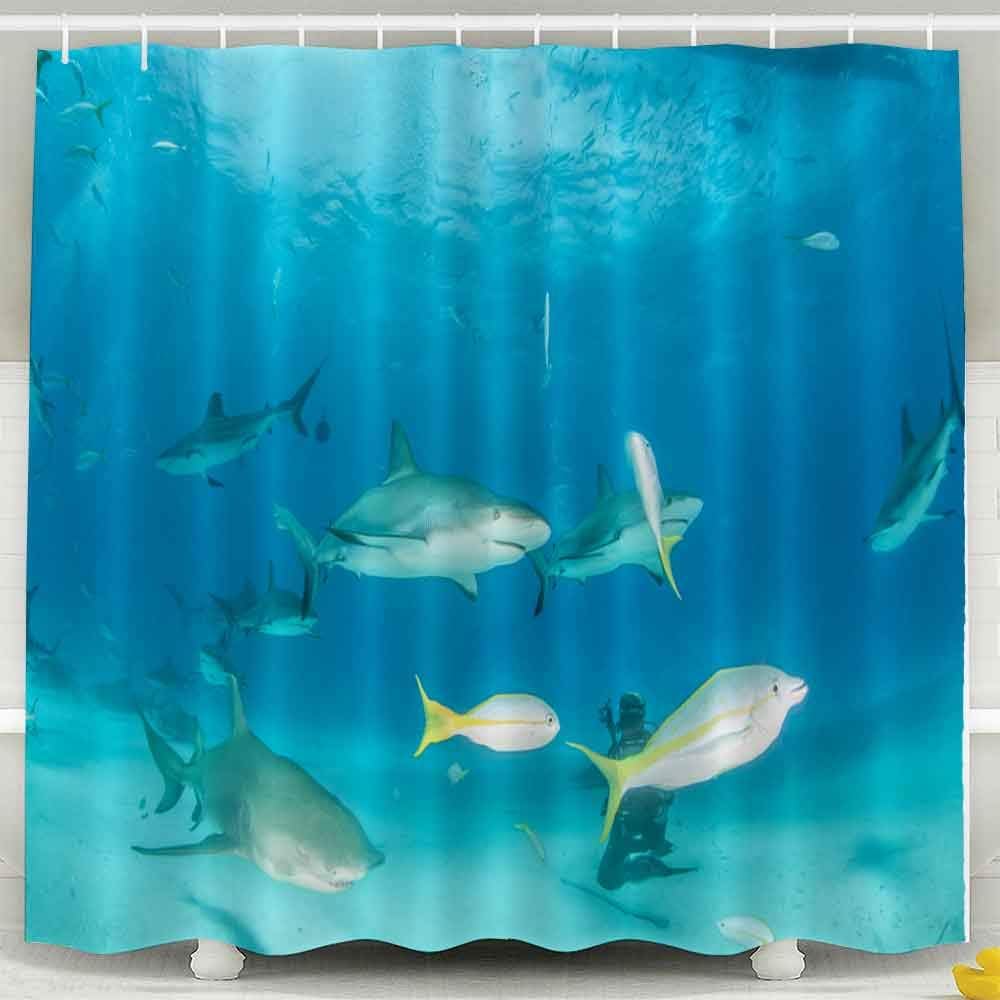 EMMTEEY Kids Christmas Shower Curtain, Xmas 72X72Inch Picture Shows Reef Sharks and Lemon The at Bahamas Bath Shower Curtain Waterproof Design for Bathroom Decor