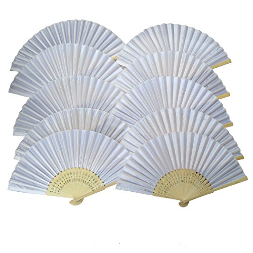 MS Made 10pcs Folding Fan White Silk fan Bamboo Handheld Folded Fan Bridal Dancing Props Church Wedding Gift Party Favors Home Office DIY Decor ( white silk fan)