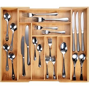 Harcas bestekbak voor schuifladen van bamboe. Lade-inzetstuk met 6 tot 8 vakken. Grote, uittrekbare keukenorganizer