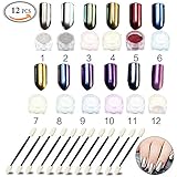 Travelmall 12 Box Sets Shinning Mirror Chrome Refective Nail Glitter Powder Magic Mirror Nail Art Decoration with Free Nail Brushes (12 colors)