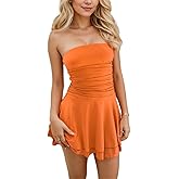 LOFAAC Women Sexy Strapless Tube Silk Mini Dress Y2K Ruched Waist Ruffle Layer Backless Flowy Party Bodycon Short Dress