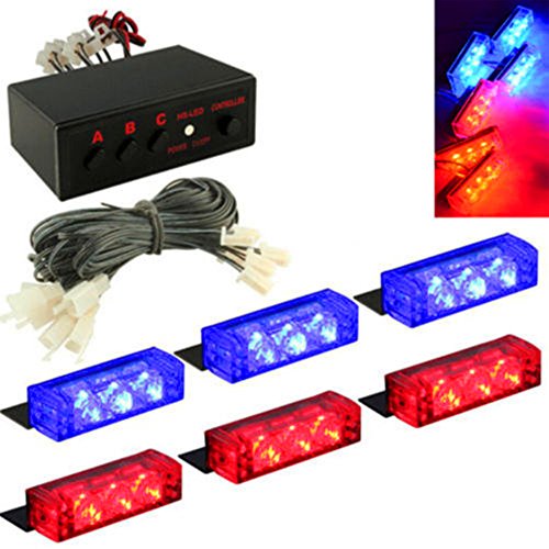 CLKjdz Emergency Strobe Lights ,6X3 LED 12V Red&Blue Car Truck Police Vehicle Dash Deck Grille