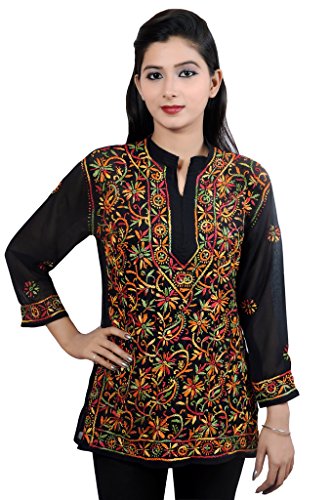 ACC Kurtis for Women Indian Tunic Ladies Party Wear Georgette Top 3/4 Sleeve Hand Embroiderd 44 Black Multi